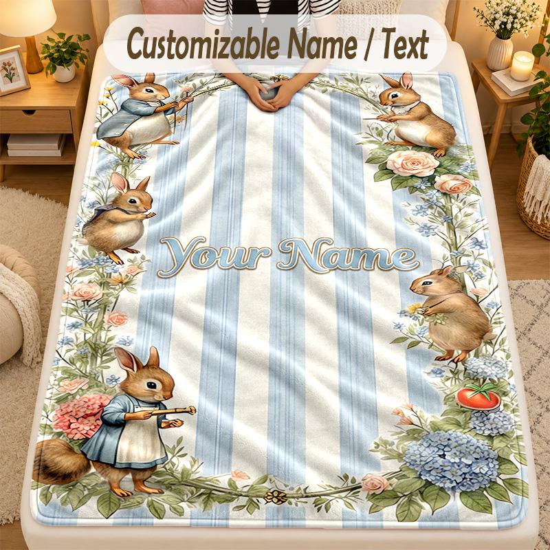 Flannel BlanketPeter Rabbit Custom Name Text Personalized Soft Warm Throw Blanket Home Decor Gift