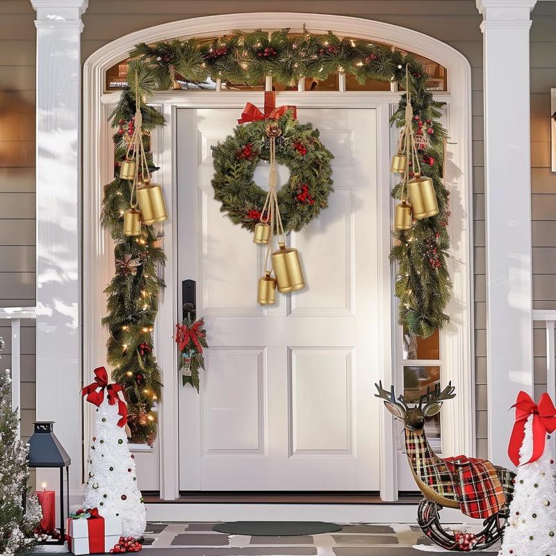 Christmas Cow Bell Metal Brass Bell with Jute Hanging Rope Home Party Xmas Decor