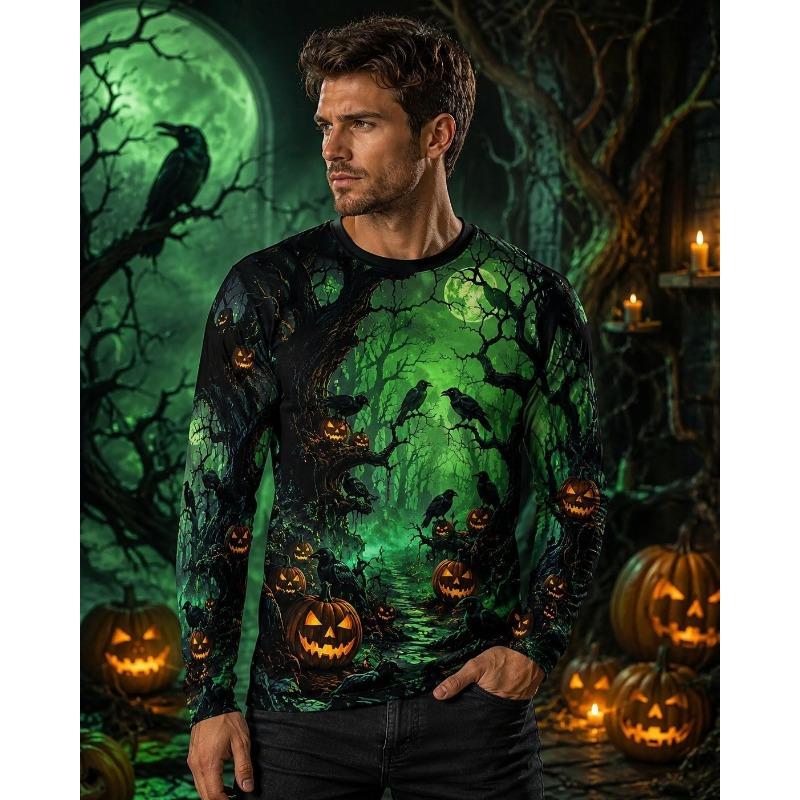 Autumn and Winter Men's 3D Printed Crew Neck Long Sleeve T-Shirt Halloween Dress Up