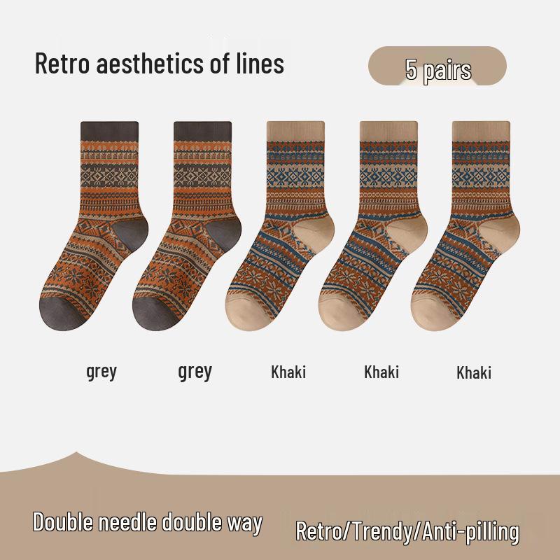 Herrensocken im Ethno-Stil, mittelhoch, doppelt gestrickt - Antibakteriell, Retro für Herbst/Winter
