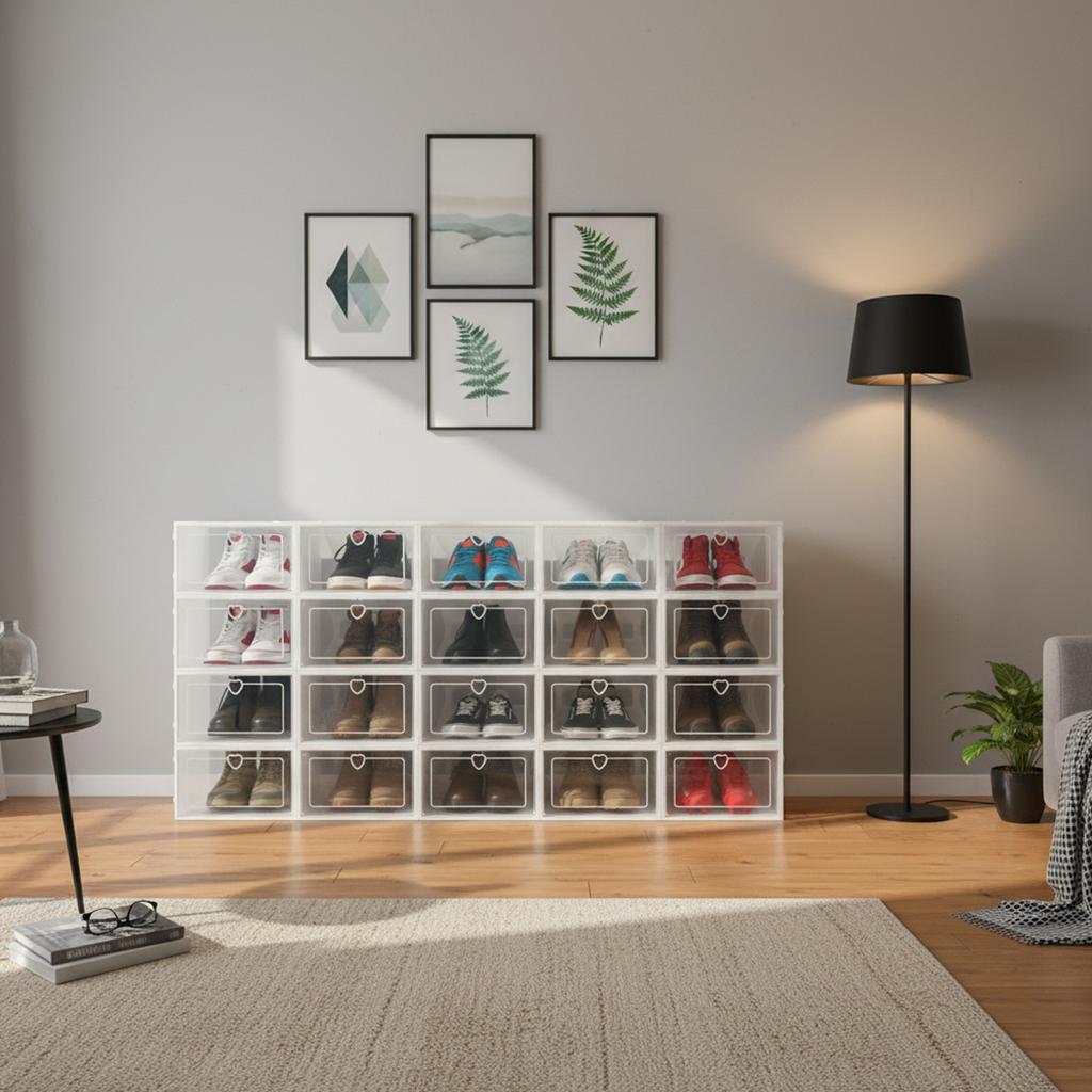Bymaocar 20 Stück Faltbare Rechteckige Schuhbox Organizer, Stapelbare Klare Kunststoff-Schuhaufbewahrungsbox Organisation Freies Stapeln
