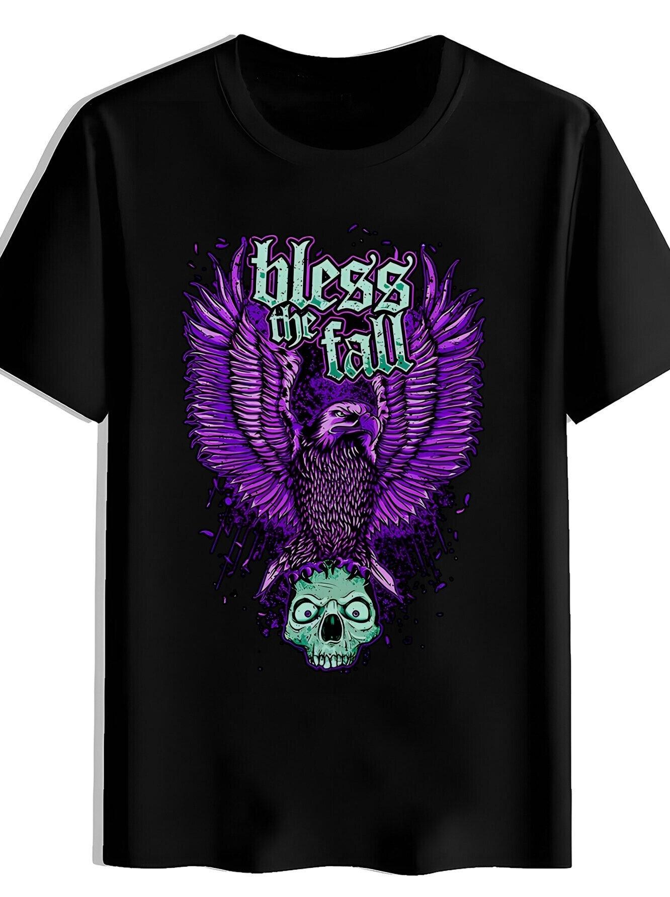 Black Bless the Fall Graphic T-shirt - Vibrant Eagle & Skull Design M