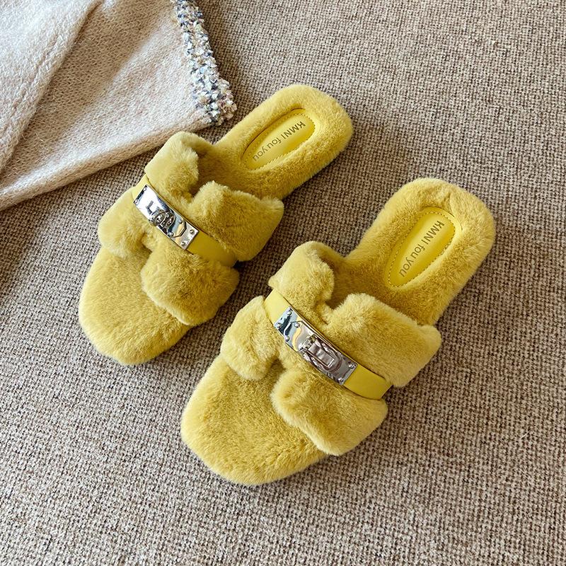 

666-8 Korean version of small gold buckle outer wear Mao Mao shoes women s autumn and winter 2025 new thickened plush Mao slippers cotton shoes 40 жёлтый