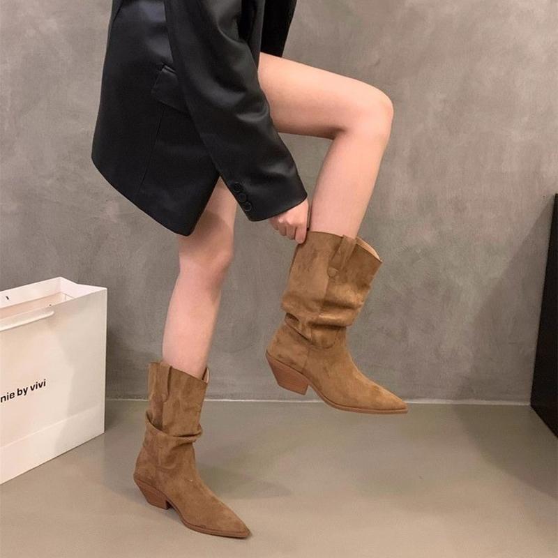 Vintage Thick Heel Pointed Toe Women Western Cowboy Boots Autumn Winter Ladies Shoes Elegant Slip On Mid Calf Booties