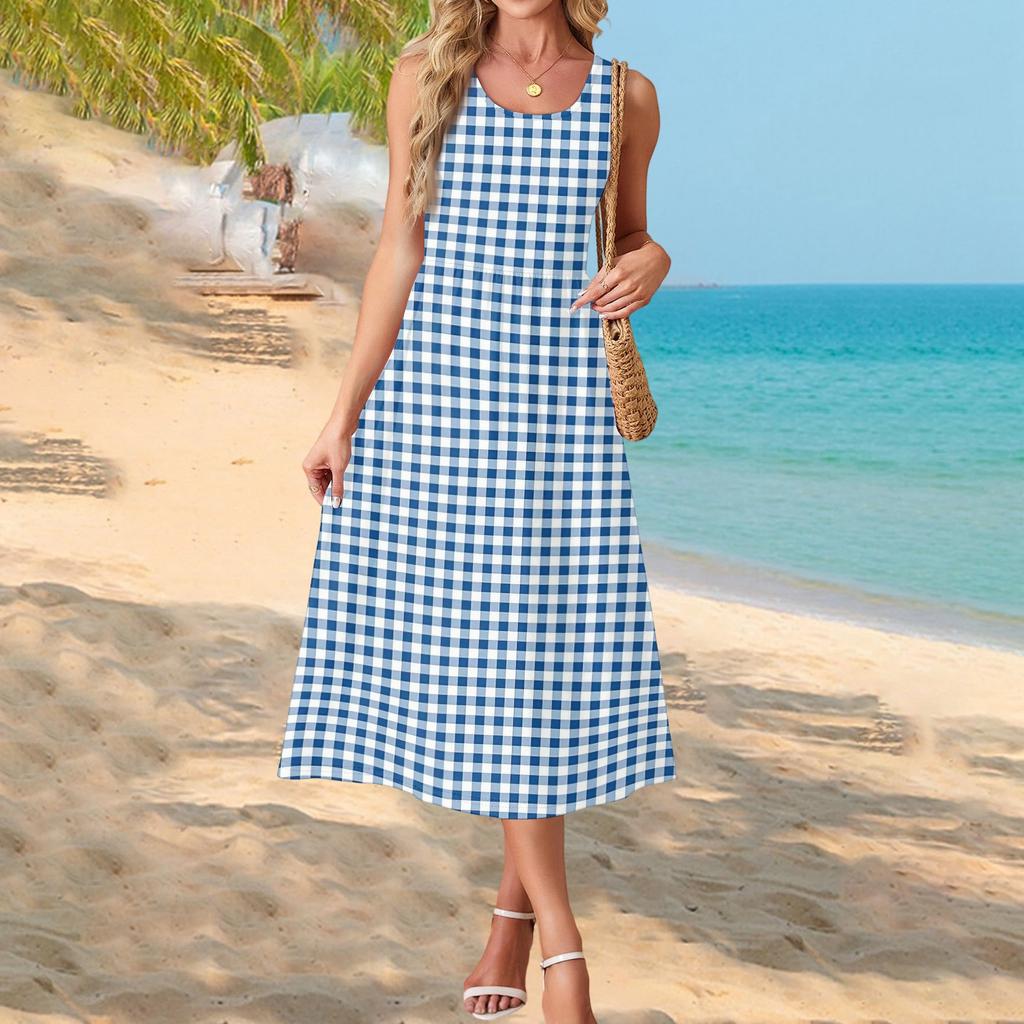 Elegante abito estivo da donna, abbigliamento casual chic, gonna prendisole da spiaggia con tasche