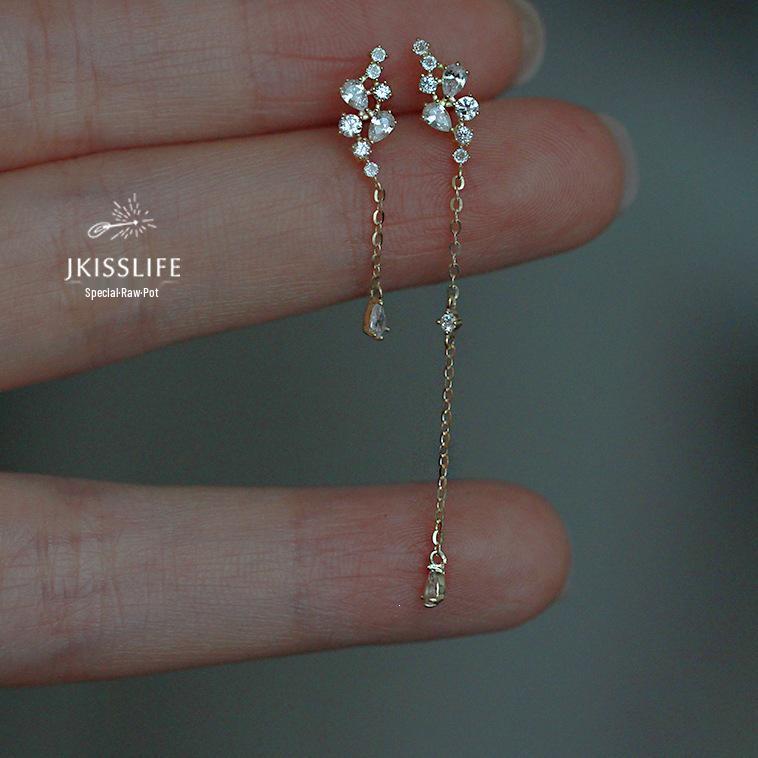 14K Gold-Plated S925 Silver Teardrop Tassel Earrings for Women Gold asymmetric pair (includes silver earplugs)