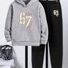 Boys' Casual Two-Piece Hoodie and Pants Set - "67 Number Patchwork" Print, Comfortable Long-Sleeved Pullover and Jogging Pants