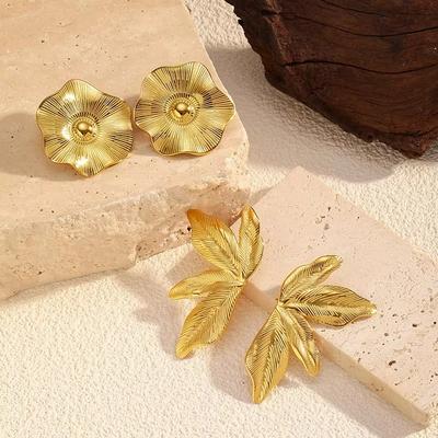 Fashion Classic Geometric Texture Leaf Flower Earrings Trendy Stainless Steel Stud Earrings Daily Wear Party Gift Woman