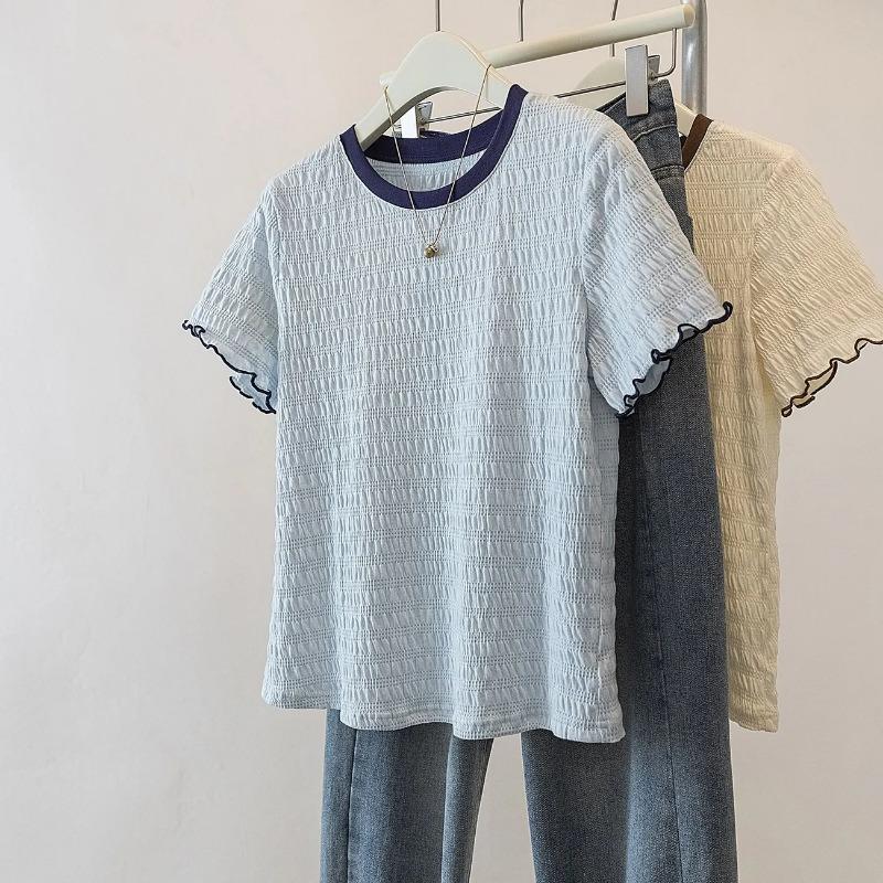 Women s White Textured Contrast Trim Crew Neck Ruffle Short Sleeve T-Shirt S синий