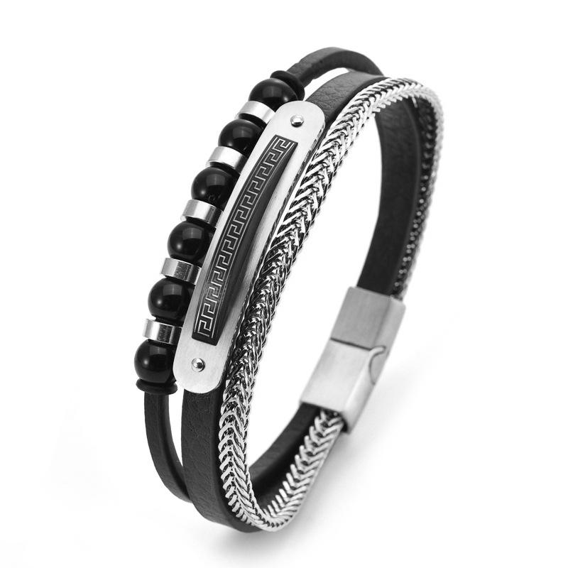 

Браслет с магнитной пряжкой, многослойный кожаный браслет с бусинами для мужчин серебряный