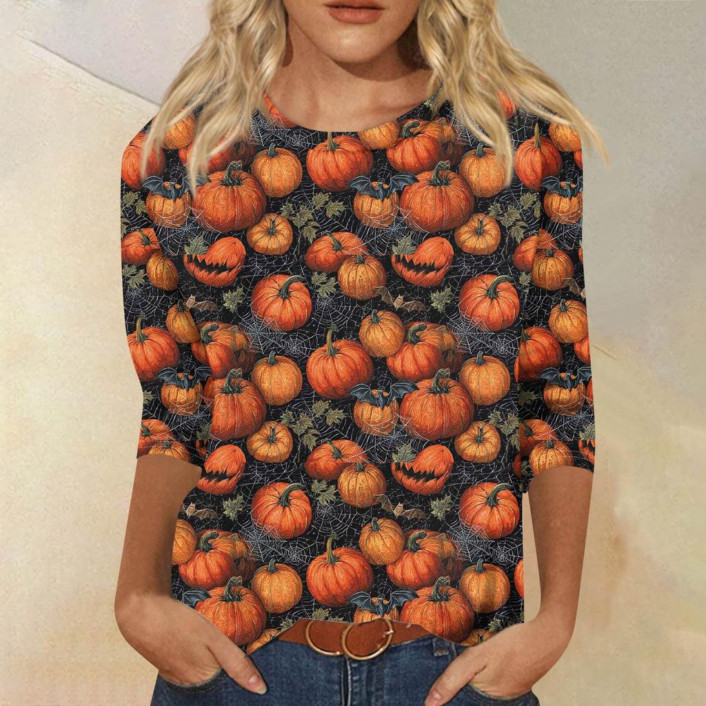 Dámské módní ležérní tričko s tříčtvrtečním rukávem a halloweenským potiskem, s kulatým výstřihem