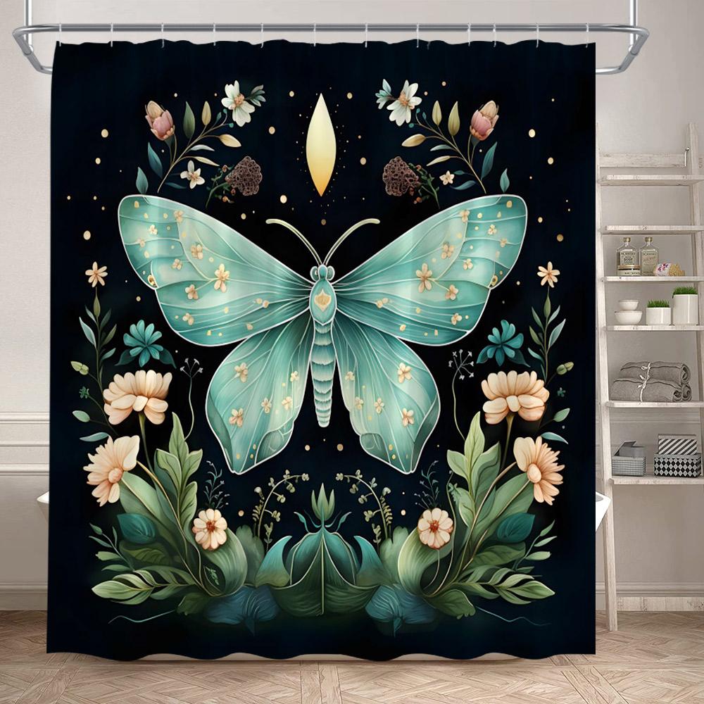 Rustic Floral Moth Shower Curtains Vintage Boho Art Dragonfly Flowers Green Plants Bathroom Curtain Polyester Fabric Home Decor