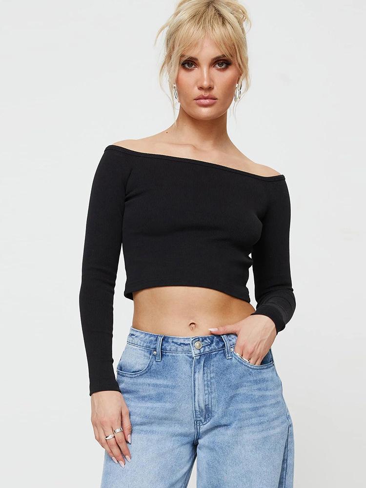 European & American Style Autumn/Winter Sexy One-Shoulder Backless Slim-Fit Long-Sleeve Crop Top for Women
