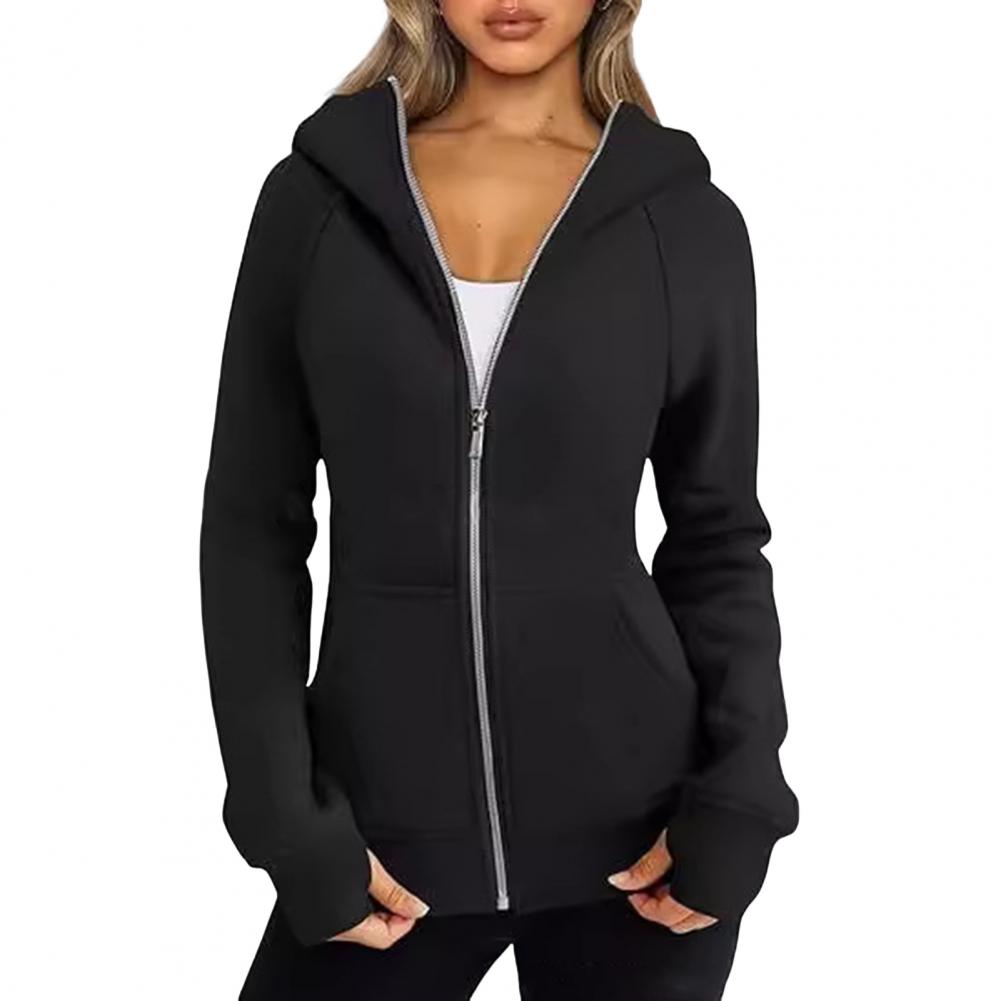 Women Jacket Plush-lined Lady Hoodie Jacket with Zipper Closure Pockets Elastic Cuffs Cozy Cardigan Coat for Wear Spring Autumn