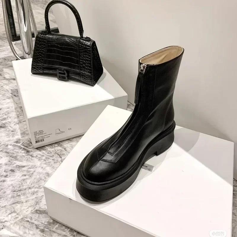 Female 2025 Autumn/Winter Front Zipper Leather Thick Sole Ankle Boots British Style Thick Heel Fashion Plush Women's Short Boot