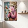 Whimsical Pink Bear Cartoon Metal Tin Sign with Butterflies & Daisies - Vintage Retro Floral Insect Wall Art for Home Cafe Bar M