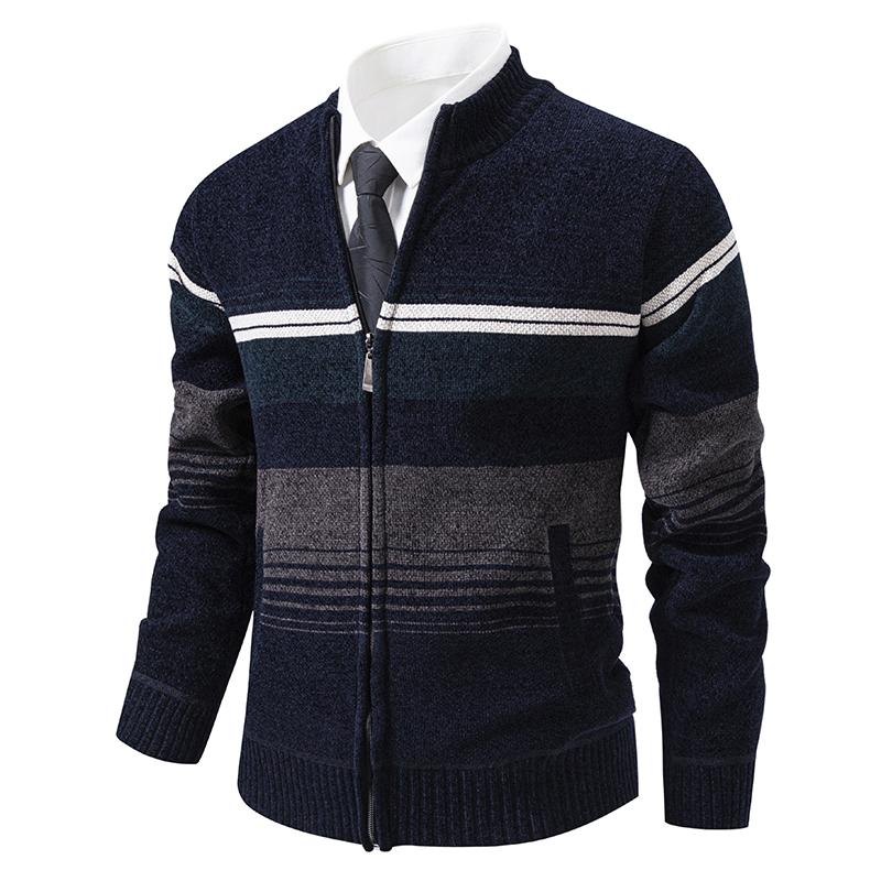 Herren Gestrickter Cardigan mit Streifen Reißverschluss Stehkragen Pullover Jacke Langarm Lässige Oberbekleidung für Herbst Winter