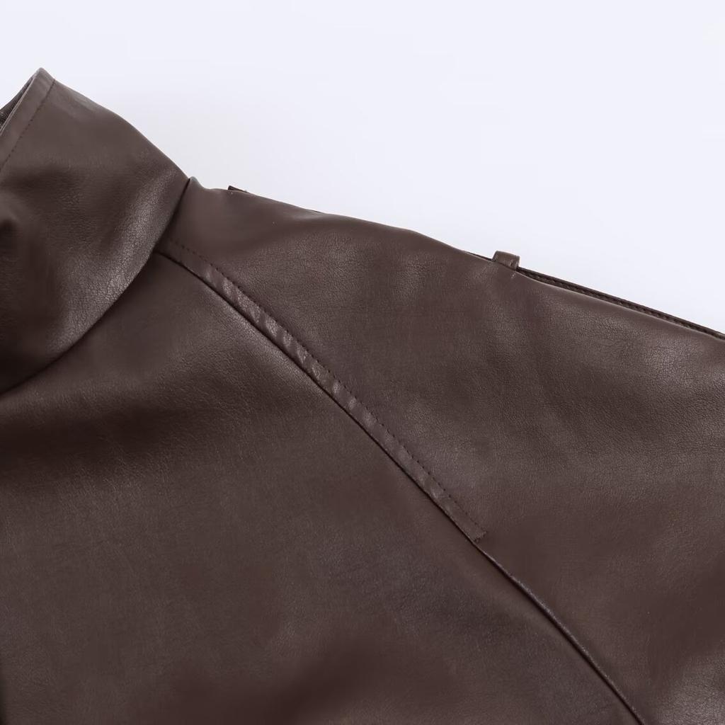 TAOP&ZA Women's New Casual Fashion Versatile Faux Leather Stand Collar Jacket 6318025