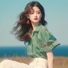 Green Striped French Chic Puff Sleeve Blouse