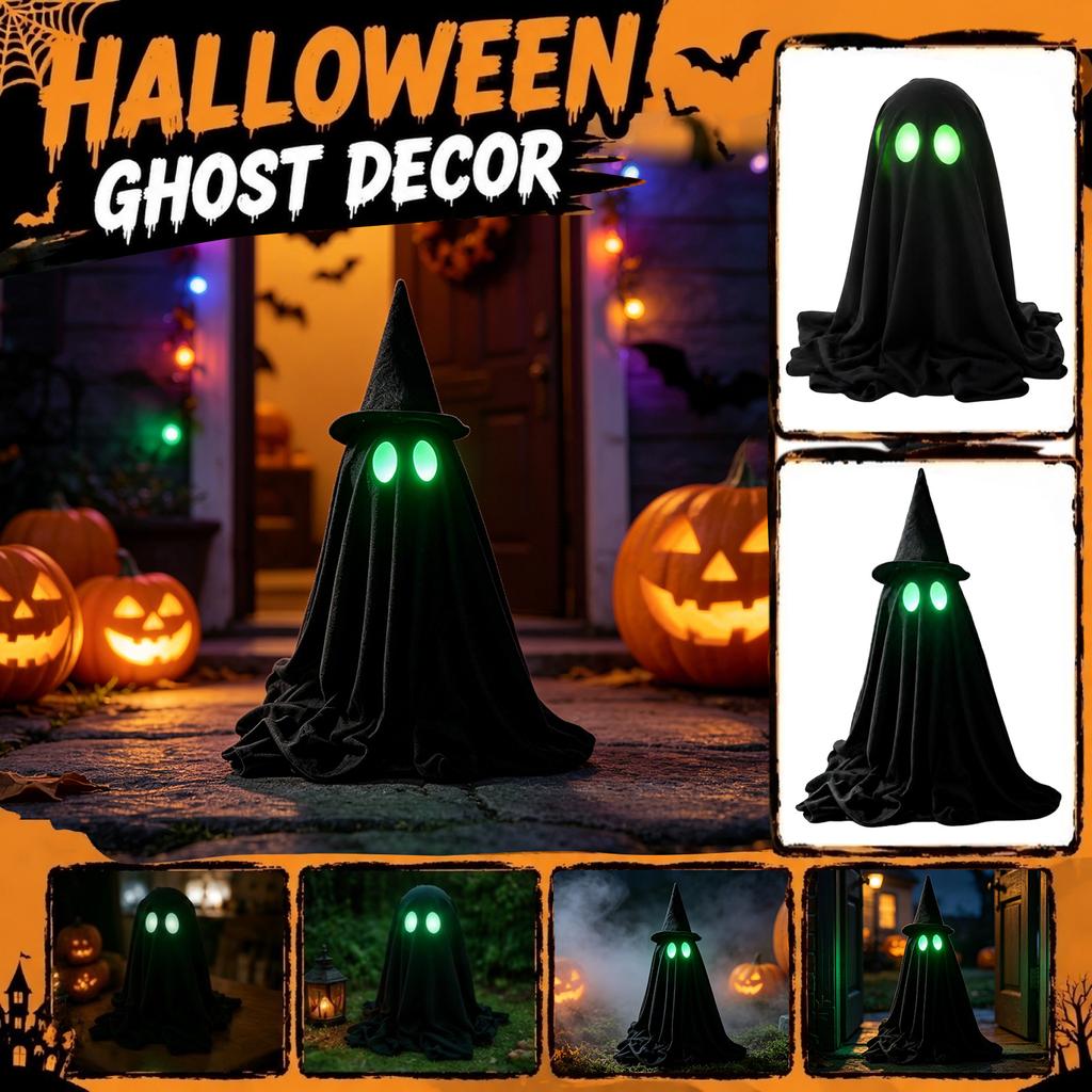 Halloween Light Up Ghost Decoration with Glowing Eyes and Witch Hat Indoor Outdoor Halloween Prop for Party Home Yard Display