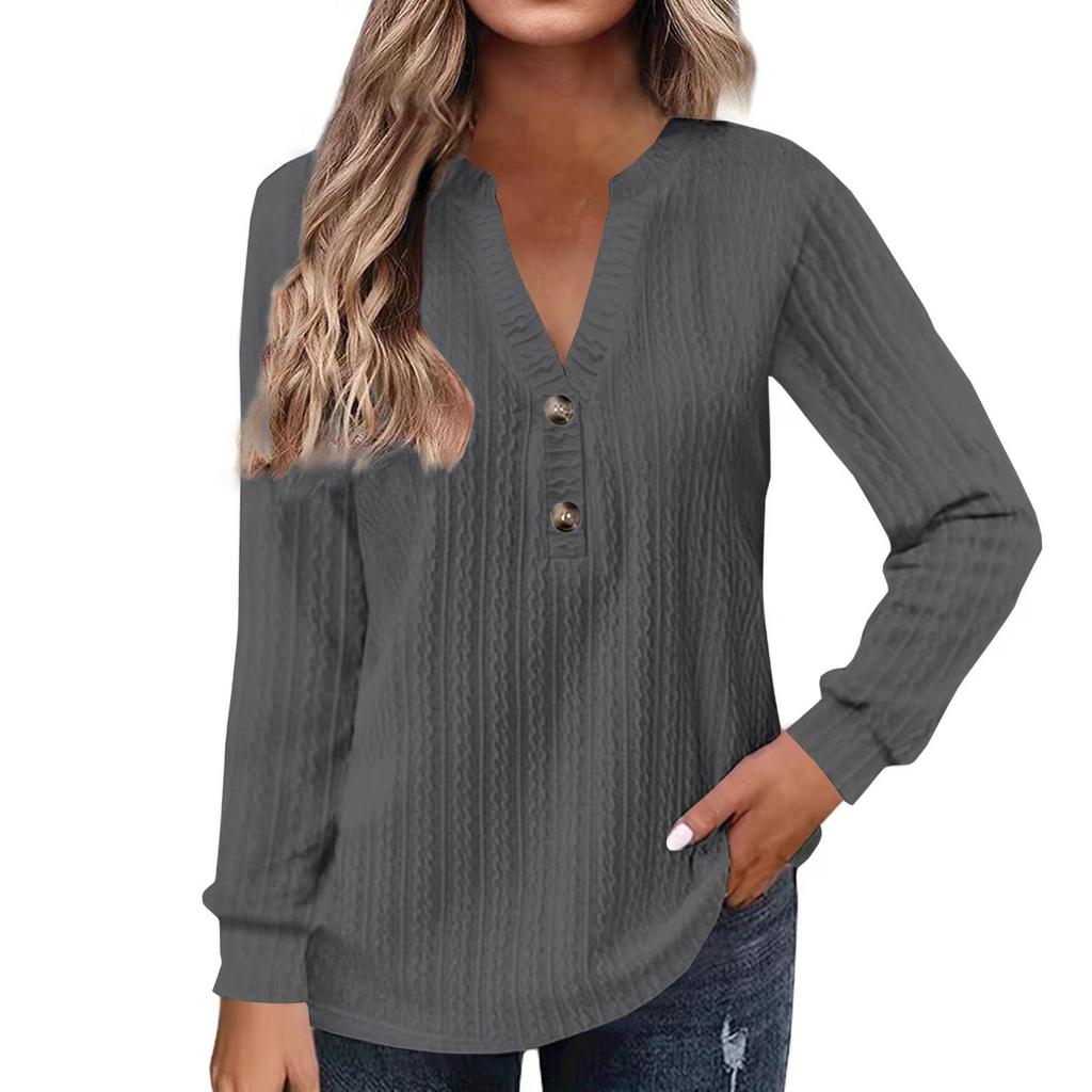 European & American Autumn/Winter Women's Long-Sleeve V-Neck Button T-Shirt 2024