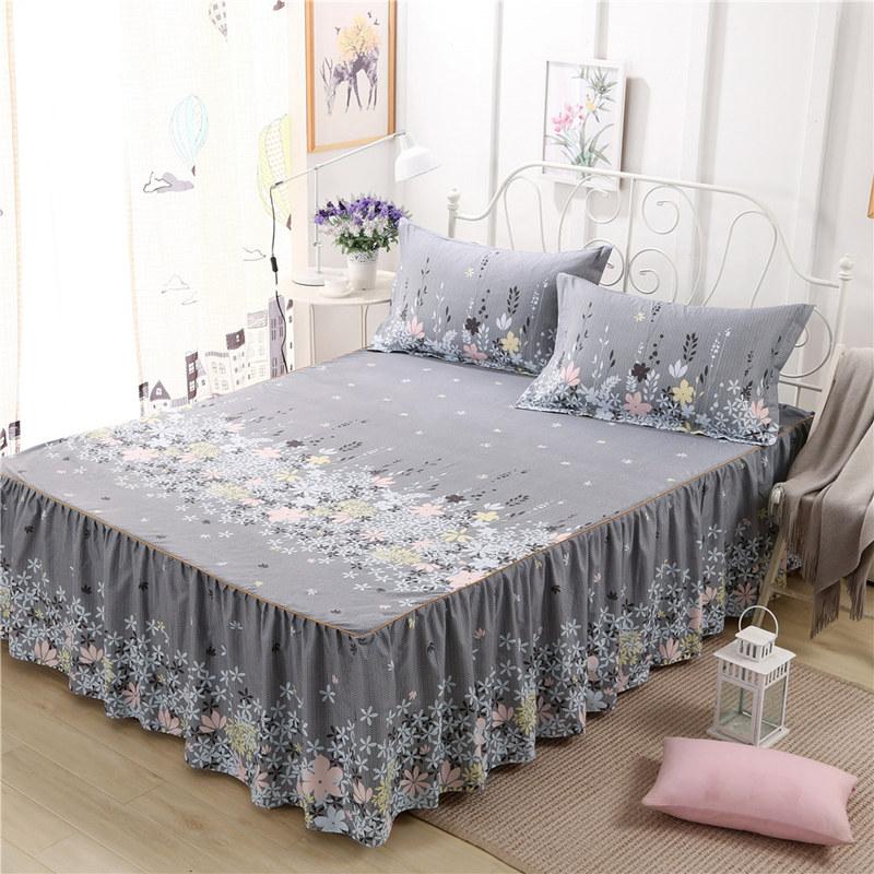 3PCS Bed Skirt Flower Printed Fitted Sheet Cover Home Graceful Bedspread Bed Linens Bedroom Decor Mattress Cover Pillowcase