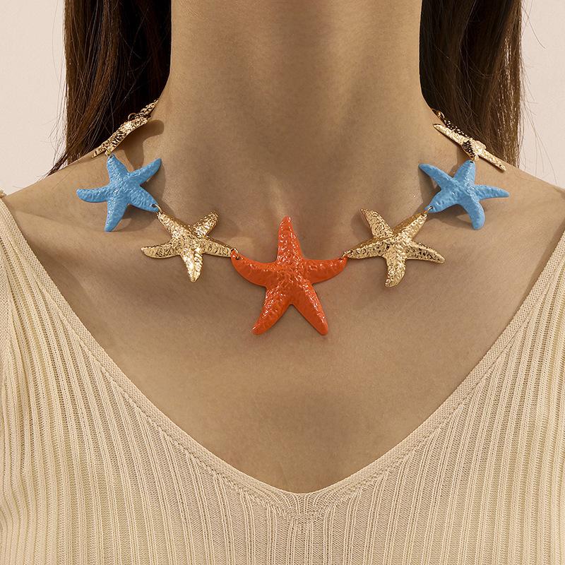 Boho Big Starfish Star Pendant Necklace For Women Conch Shell Pearl Metal Chain Choker Beach Party Exaggerated Jewelry Gift