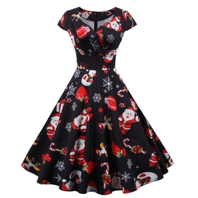 Spring New New Christmas Style V Neck Short Sleeve Print Mid Length Long Length Dress Dress Christmas Dress