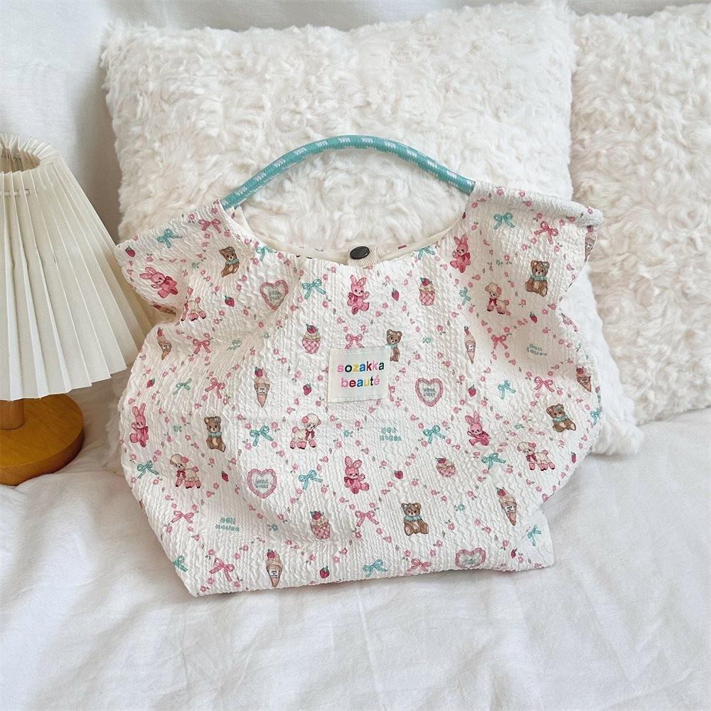 Large Capacity Korean Cartoon Embossed Canvas Tote Bag For Women Ideal For Beach Trips