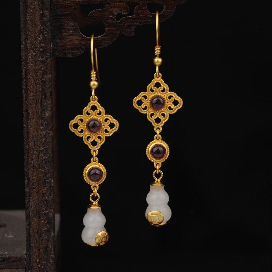 Серьги-Тыквы из нефрита Хэтянь и стерлингового серебра - Древний стиль для нарядов Ханьфу/Ципао