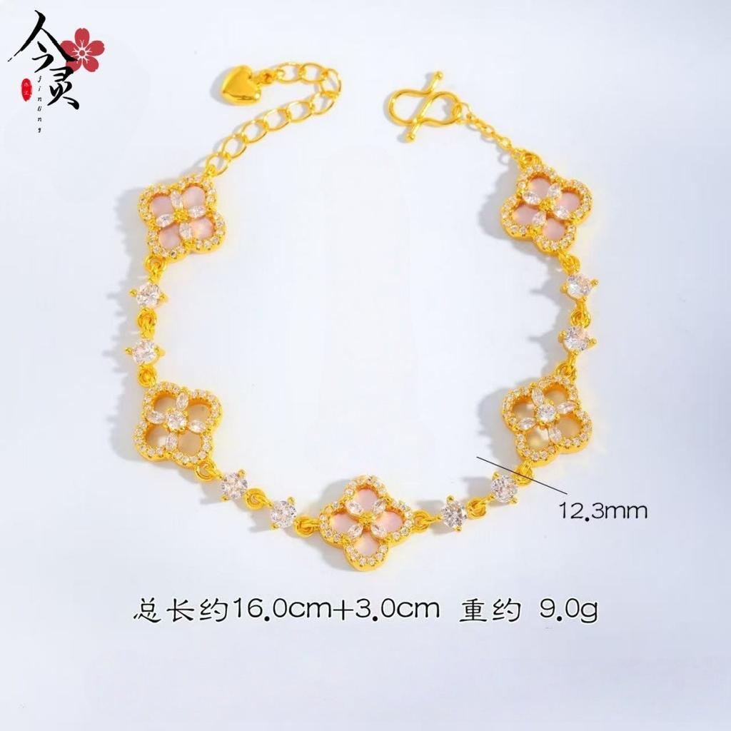9999 24K real gold diamond red four-leaf flower bracelet for women, exquisite mother-of-pearl versatile bracelet
