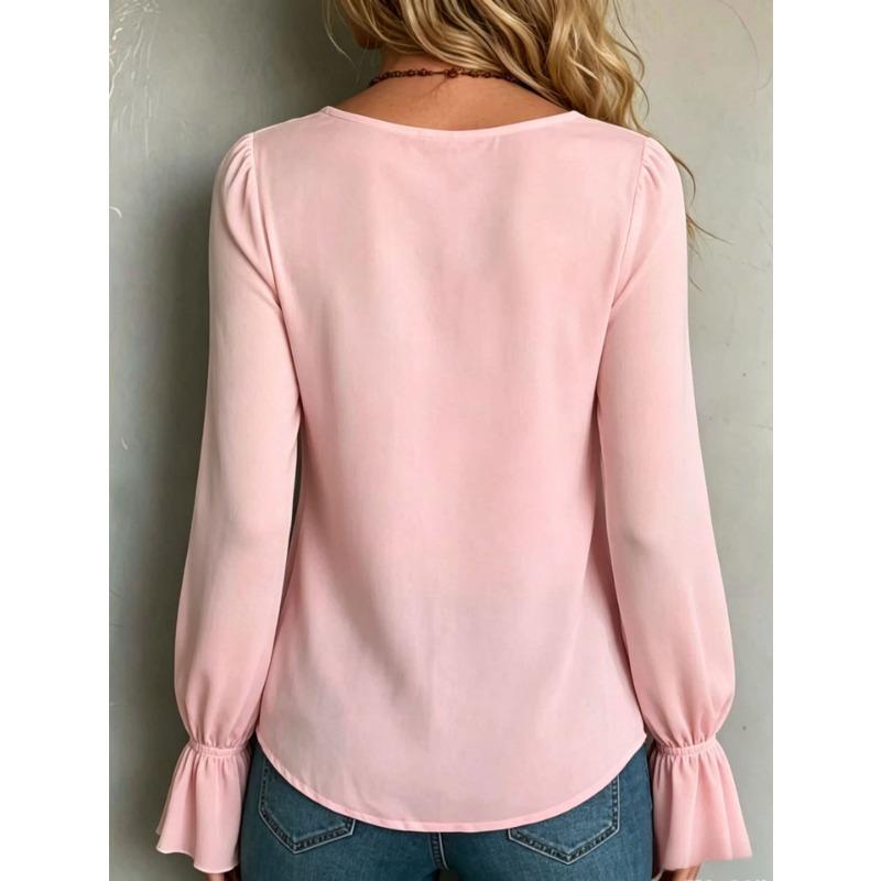 Women S V Neck Loose Fit Solid Color Long Sleeve Shirt