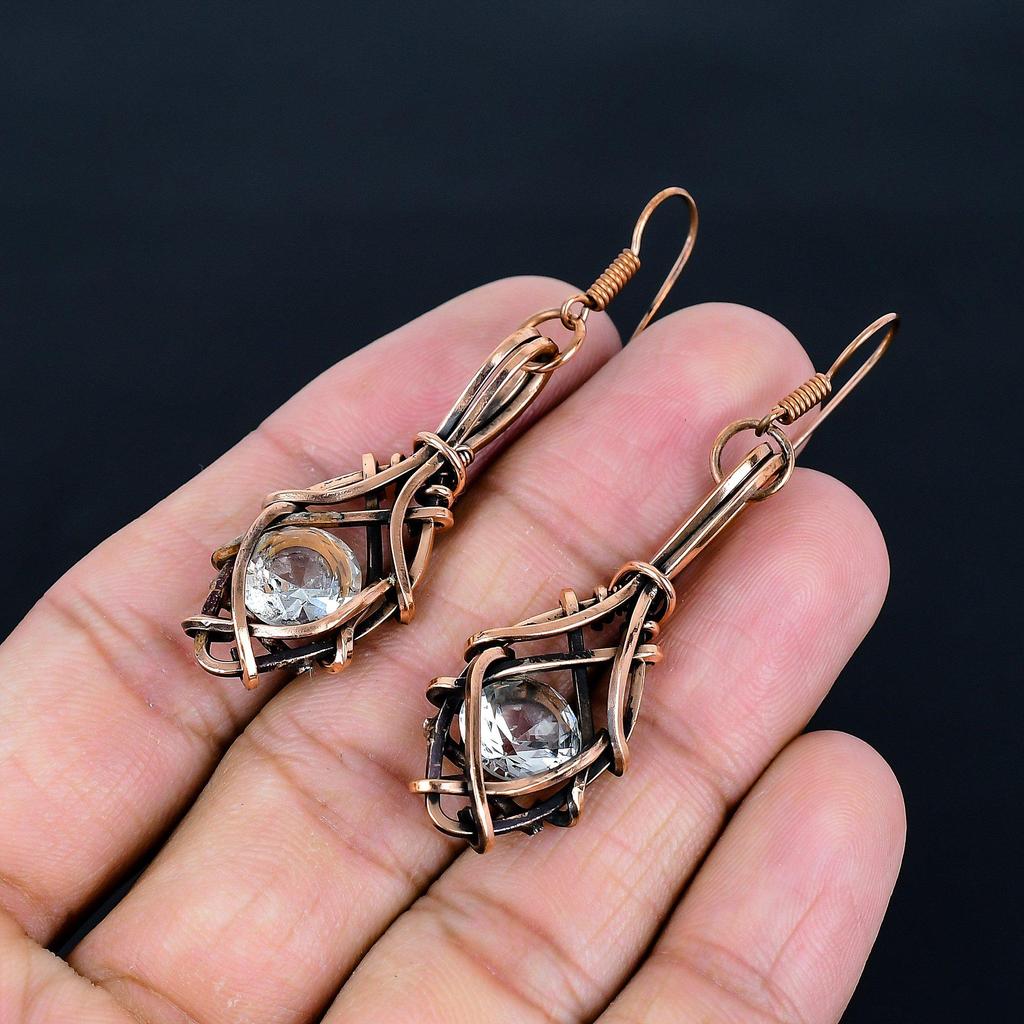 White Topaz 999 Copper Wire Wrapper Earrings, Handmade Gemstone Jewelry Earrings For Memorial Day