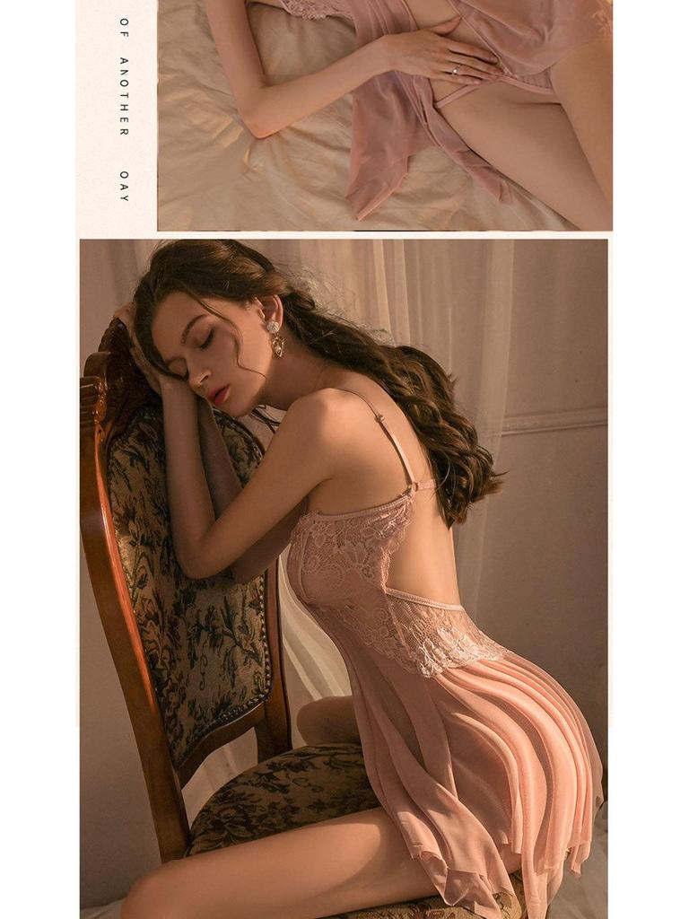 Lan Gui Fang Plus Size Sexy Lace Slit Nightgown - See-Through Mesh Suspender 2823