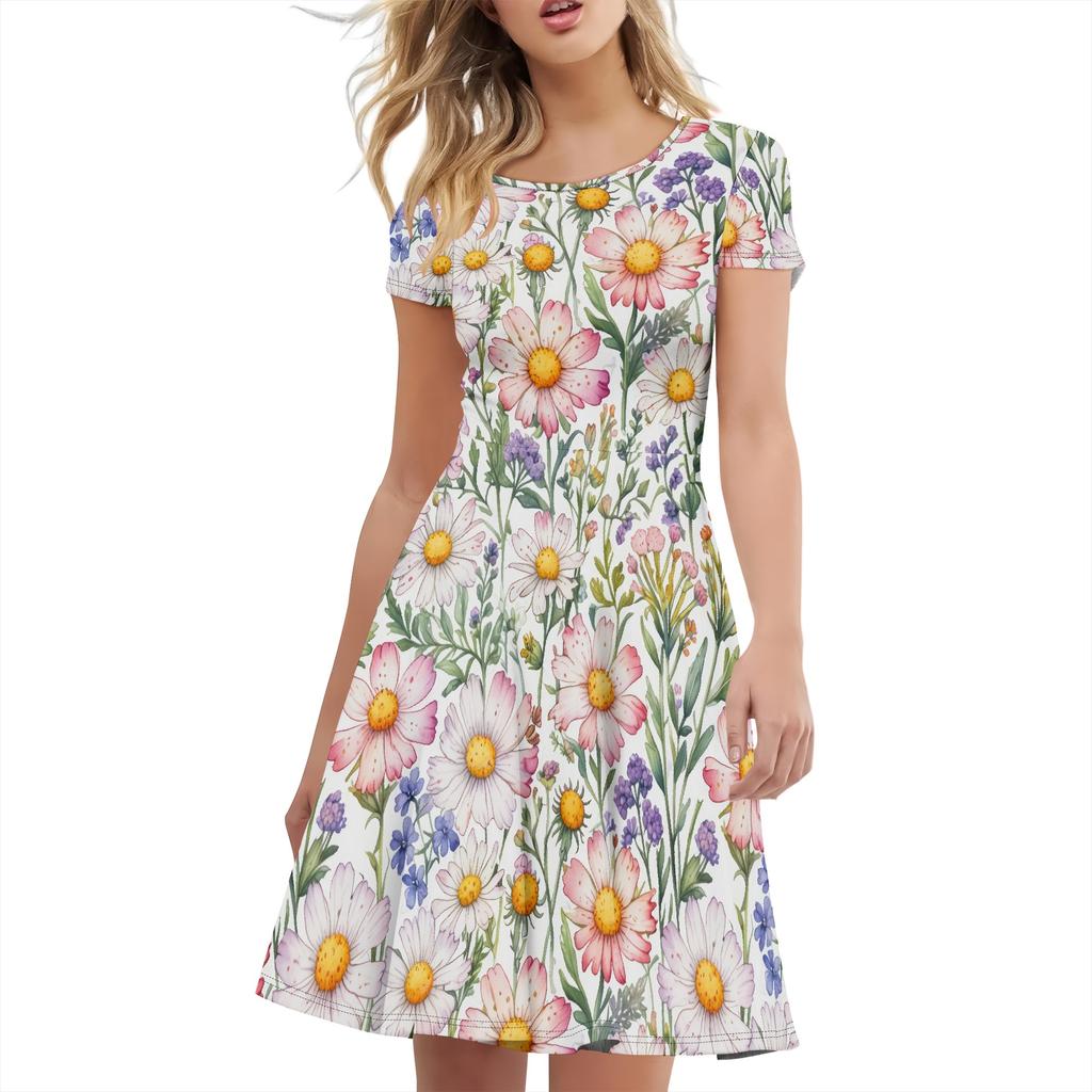 Dámské ležérní letní tričkové šaty s krátkým rukávem, volné šaty, módní styl, univerzální styl, oblečení