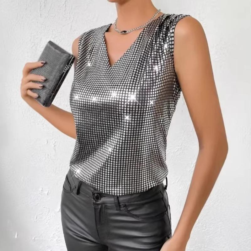 Summer new silver V-neck vest women's casual breathable sleeveless top