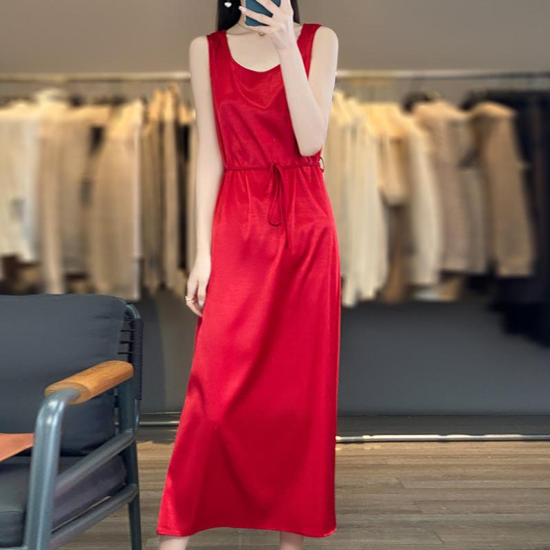New Summer Acetate Satin Sleeveless U-neck Dress for Women Belt Vest Skirt Long Skirt Lace-up Base Skirt
