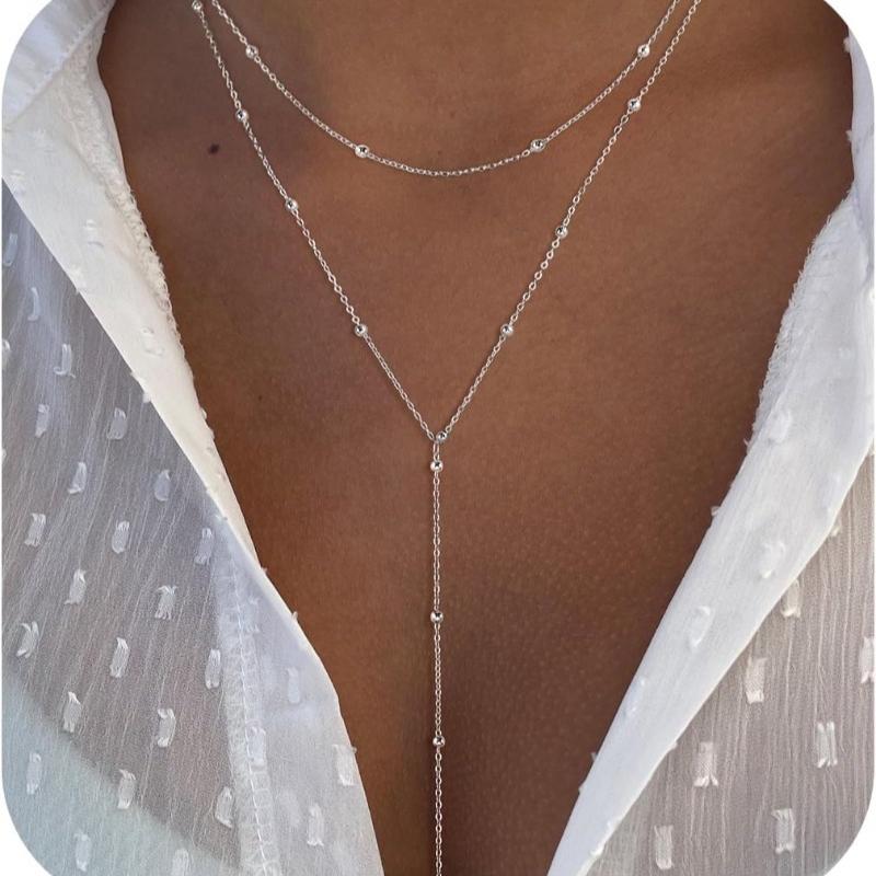 Lariat Gold Necklace for Women, 14k Gold Plated/Stainless steel Silver Y-Shaped Pendant Trendy Beaded Chain Drop Necklaces Gifts