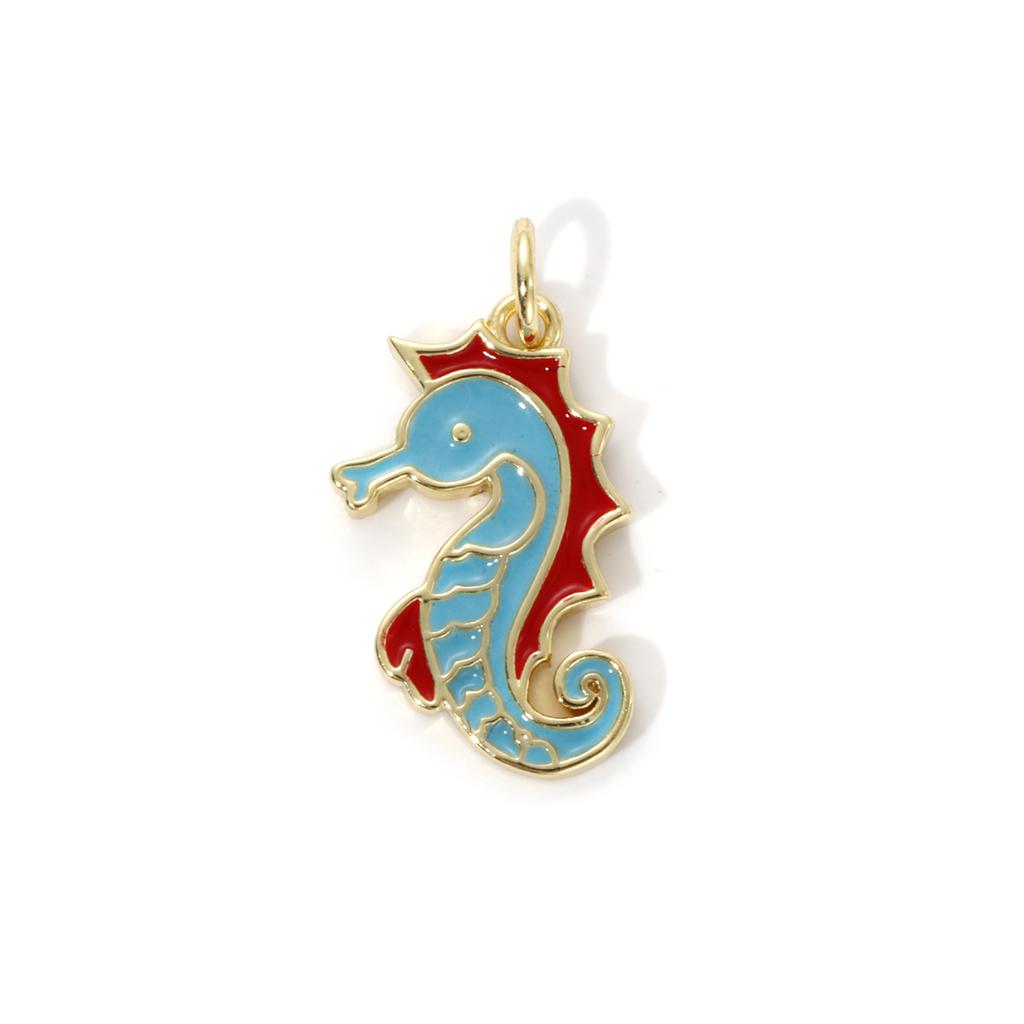2 Piece Brass Ocean Jewelry Blue Charms 18K Real Gold Plated Enamel Fish Seahorse Dolphin Whale Conch Shell Pendant Necklace DIY
