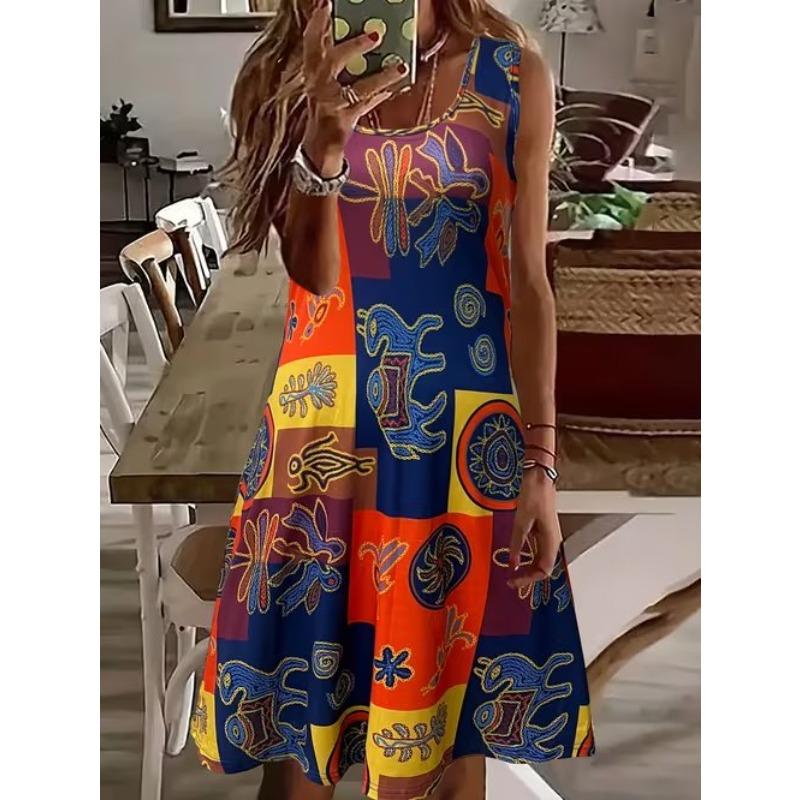 Women's Vintage Pattern Printed Sleeveless Round Neck Dress Loose Soft and Comfortable Plus Size Dress