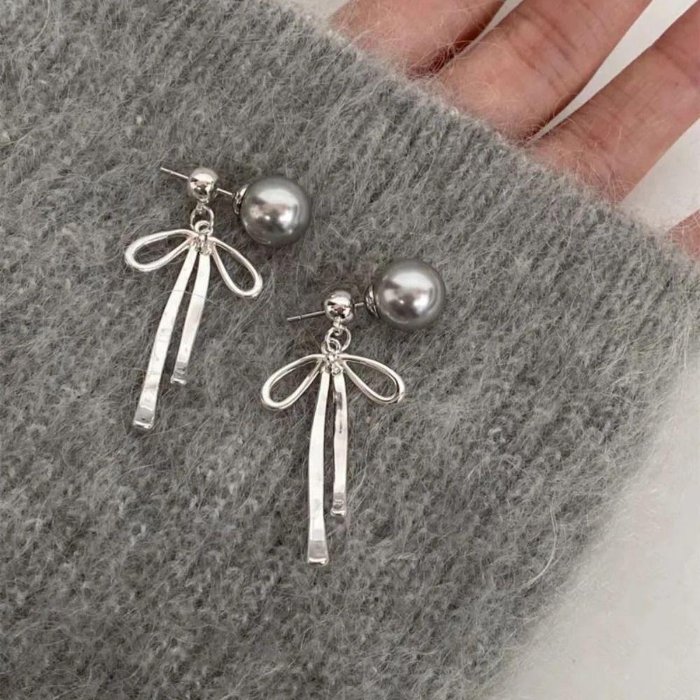 Balletcore Simple Earrings Grey Pearl Piercing Ear Stud Elegant Ribbon Bow Dangle Earrings  Women