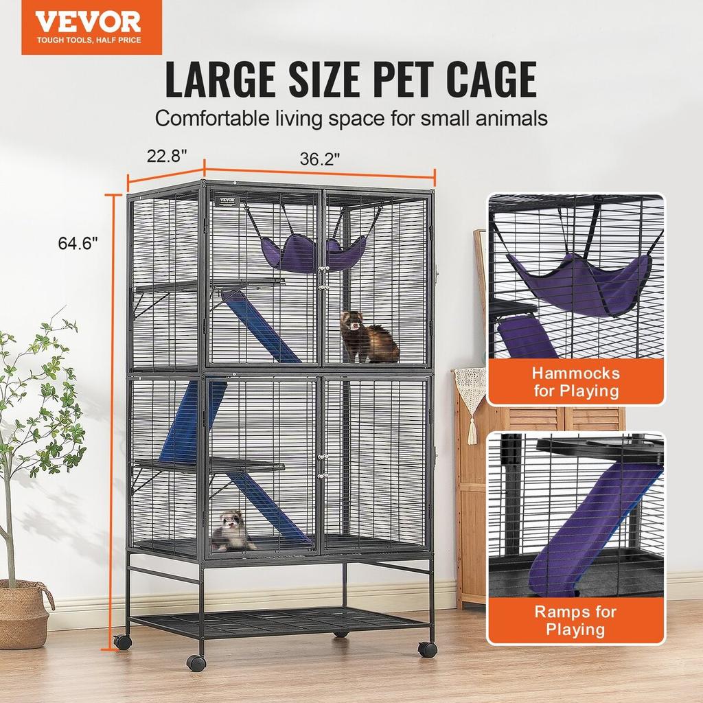 64.6" Metal Small Animal Cage 4-Tier Rolling Ferret Cage with Tray 3 Ramps