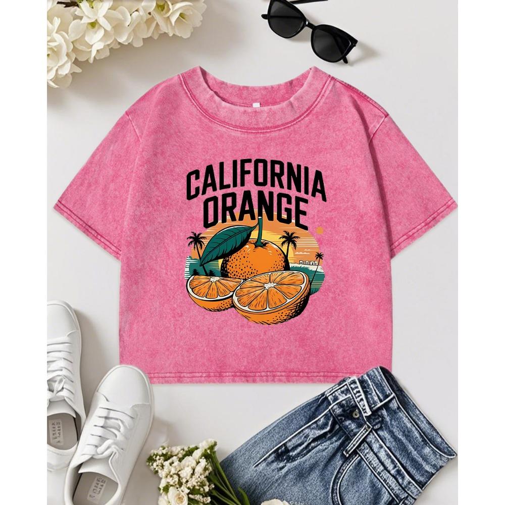 California Orange Fruit Printed Women Washed Slim T-Shirt Casual Soft Short Sleeve Trendy Summer T Shirt Clothes