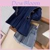 Trendiges Retro Puffärmel-Shirt und Denim-Shorts Set für Mädchen Sommer 2024 mit stilvollen Designs