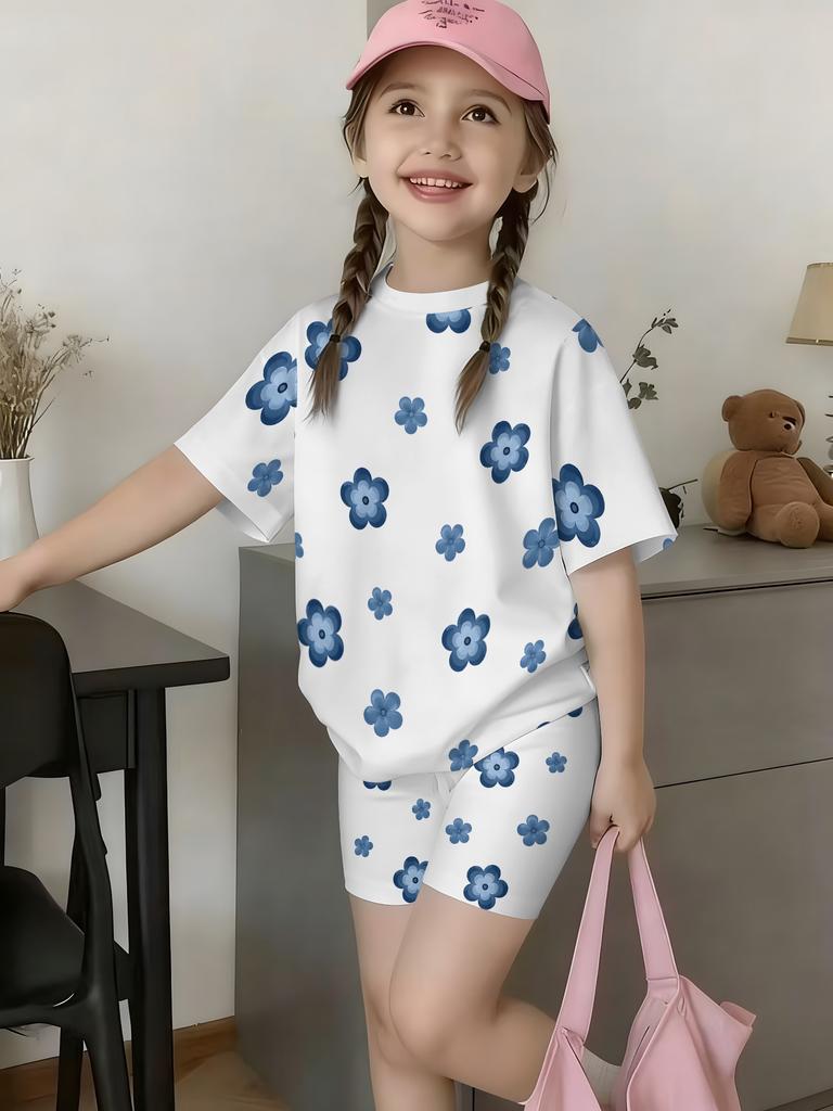 Girls Summer New Casual Floral Print Short Sleeve Top Color Shorts Sweet Style 2‑Piece Children Daily Outdoor Fashion Set