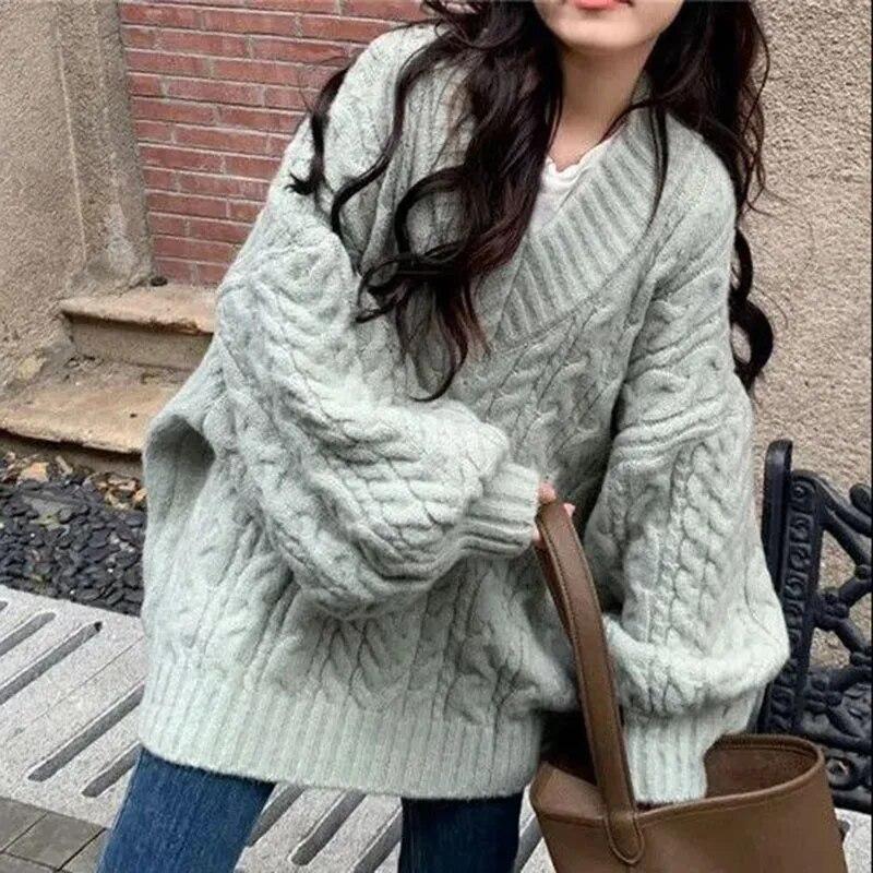 

Женский свободный свитер, милый розовый джемпер с v-образным вырезом, утепленный и сохраняющий тепло, мягкий вязаный пуловер из клеевого риса в консервативном стиле, осень-зима XL светло-зеленый