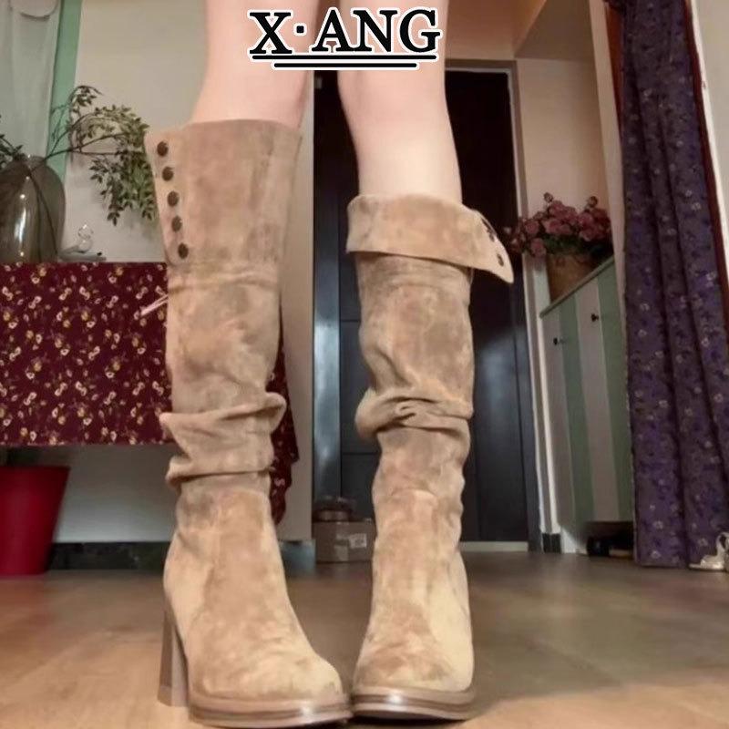 Cowhide Version But Knee Knight Boots Children High Boots Thick Heel Thin Boots High Heel Small Stacked Boots