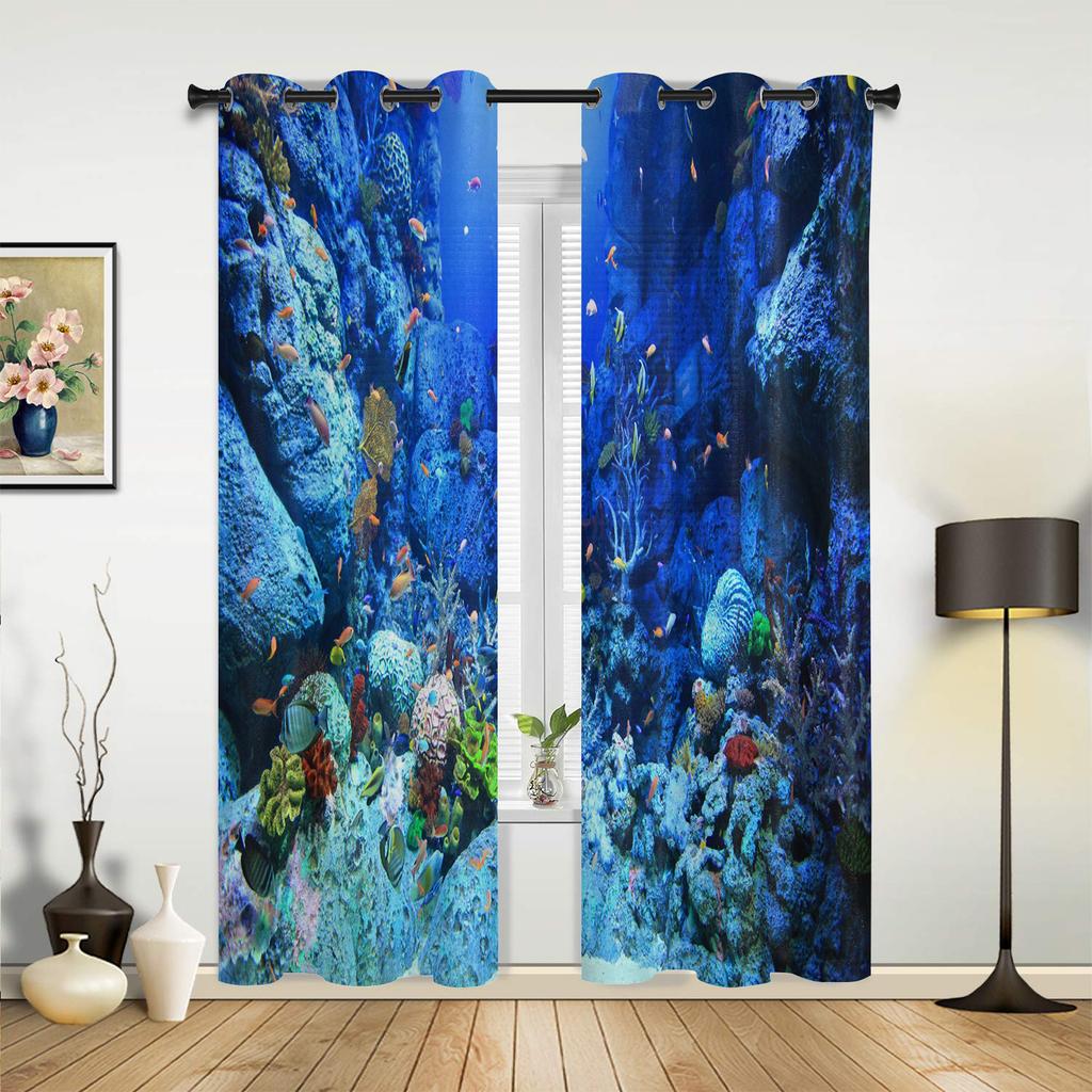 Modern Window Curtains for Living Room Blue Ocean Coral Small Fish Curtains for Child Bedroom Kitchen Decor Blinds Drapes