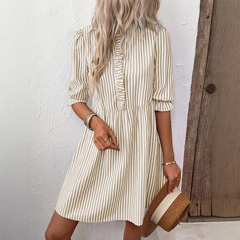 European and American summer new hot-selling sweet holiday style button open placket stand-up collar striped waist dress S хаки