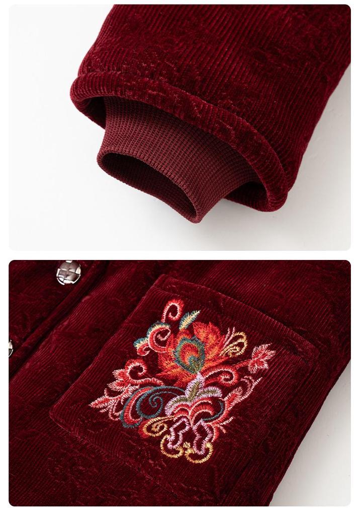 Winter Velvet-Lined Cotton Jacket with Fur Collar for Middle-Aged and Elderly Women – Embroidered Pockets
